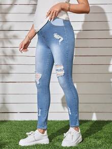 SHEIN Maternity High Waist Ripped Skinny Jeans - Light Wash - View 3