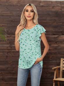 Floral Print Butterfly Sleeve Tee - Mint Green - View 5