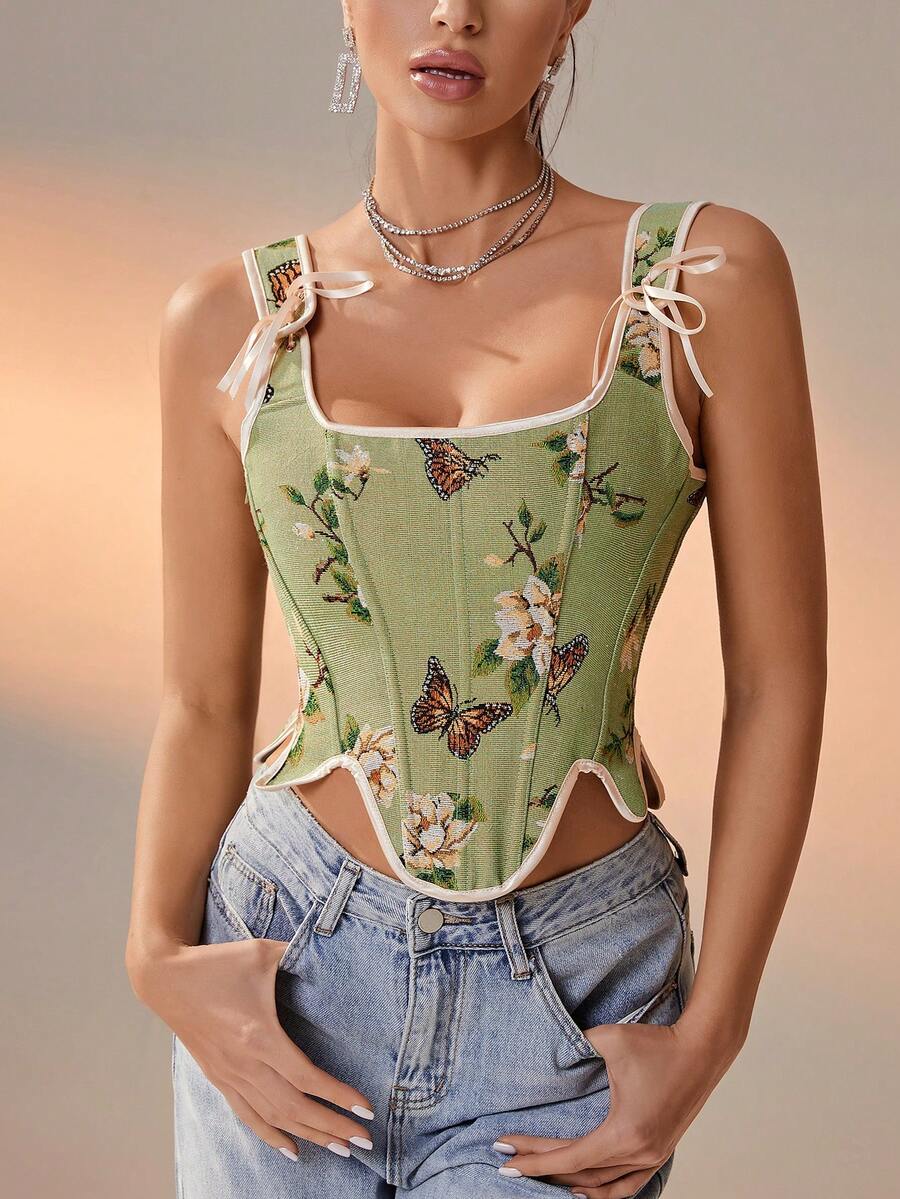 Women Floral Jacquard Lace Up Asymmetric Hem Elegant Corset Top, Suitable For New Year Party, Valentine's Day, Holidays - Multicolor - View 1