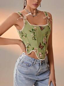 Women Floral Jacquard Lace Up Asymmetric Hem Elegant Corset Top, Suitable For New Year Party, Valentine's Day, Holidays - Multicolor - View 3