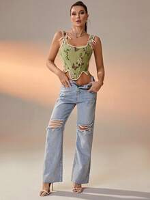 Women Floral Jacquard Lace Up Asymmetric Hem Elegant Corset Top, Suitable For New Year Party, Valentine's Day, Holidays - Multicolor - View 5