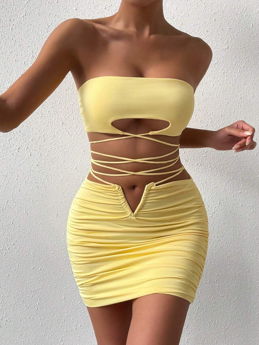 SHEIN Allurite Bộ đồ hai mảnh nữ Hội Chữ thập Xù màu trơn Gợi cảm - Màu vàng - Xem 1