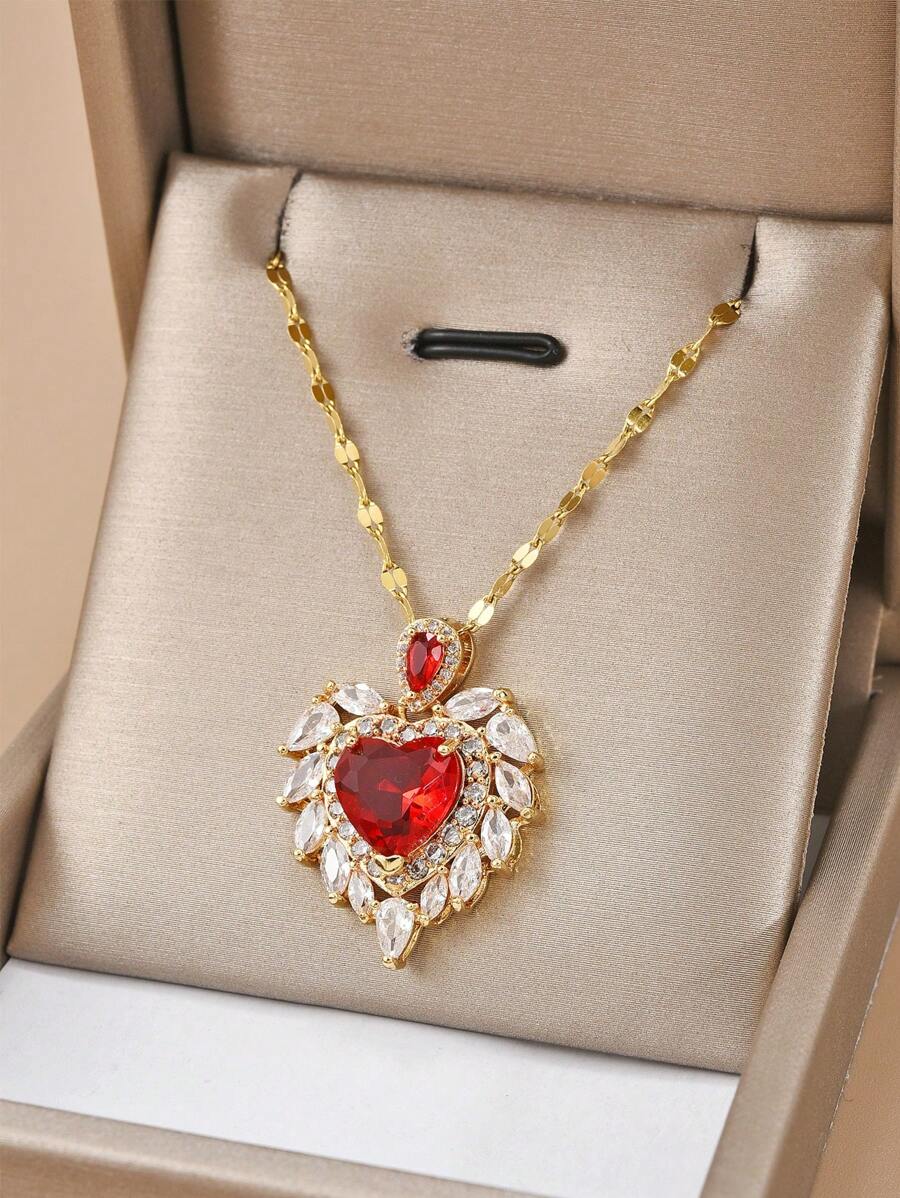 1 Máy Tính Quyến Rũ Thép Không Gỉ Đính Đá Cubic Zirconia Trang Trí Thiết Kế Trái Tim Mặt Dây Chuyền Vòng Cổ Cho Nữ Hẹn Hò Quà Tặng - Vàng - Xem 1