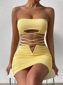 SHEIN Allurite Bộ đồ hai mảnh nữ Hội Chữ thập Xù màu trơn Gợi cảm - Màu vàng - Xem 4