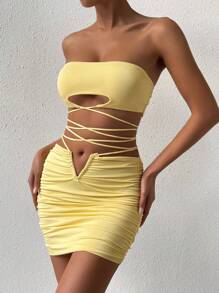 SHEIN Allurite Bộ đồ hai mảnh nữ Hội Chữ thập Xù màu trơn Gợi cảm - Màu vàng - Xem 6
