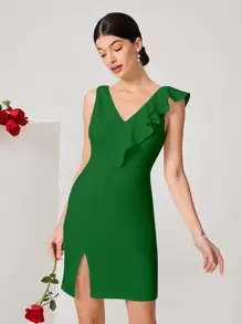 SHEIN Belle 荷葉邊下擺開叉連衣裙 - 綠色 - 查看 1