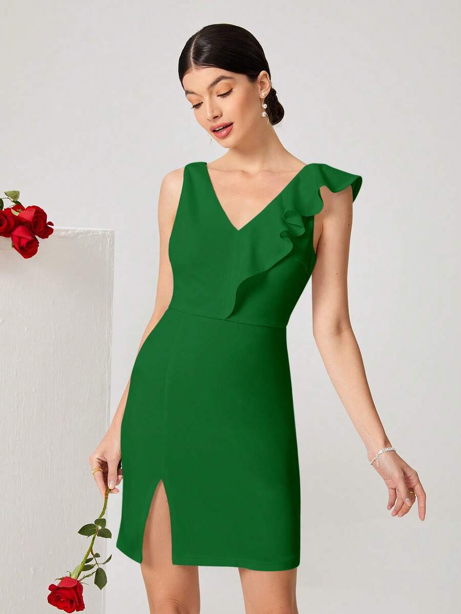 SHEIN Belle 荷葉邊下擺開叉連衣裙 - 綠色 - 查看 1