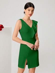 SHEIN Belle 荷葉邊下擺開叉連衣裙 - 綠色 - 查看 5