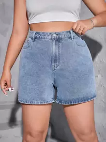 SHEIN EZwear Quần short denim oversized Nút Túi màu trơn - Rửa trung bình - Xem 1