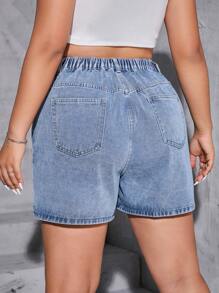 SHEIN EZwear Quần short denim oversized Nút Túi màu trơn - Rửa trung bình - Xem 2