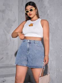 SHEIN EZwear Quần short denim oversized Nút Túi màu trơn - Rửa trung bình - Xem 5