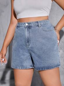 SHEIN EZwear Quần short denim oversized Nút Túi màu trơn - Rửa trung bình - Xem 6