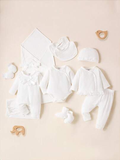 SHEIN 女寶寶新生兒荷葉邊t恤&蝴蝶結連身衣&連體衣&長褲