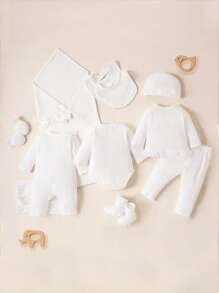 SHEIN 女寶寶新生兒荷葉邊t恤&蝴蝶結連身衣&連體衣&長褲 - 白色 - 查看 2