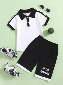 SHEIN Bộ áo thun và quần short in chữ khối màu thường ngày mùa hè cho các chàng trai trẻ - Đen và trắng - Xem 1
