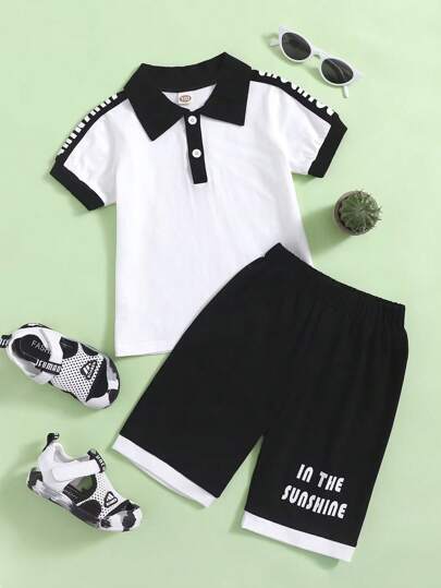 مجموعة بولو تي شيرت وسروال قصير للأولاد الصغار للصيف بتصميم مطبع بألوان مختلفة