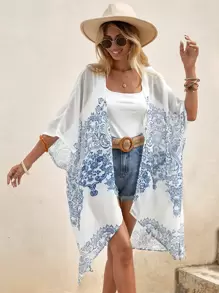 SHEIN LUNE Kimono con estampado barroco de manga murciélago - Azul y blanco - Ver 1