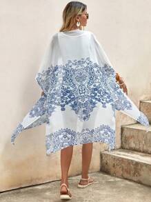 SHEIN LUNE Kimono con estampado barroco de manga murciélago - Azul y blanco - Ver 2