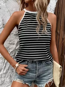 SHEIN LUNE Top halter con estampado de rayas unido en contraste - Negro - Ver 5