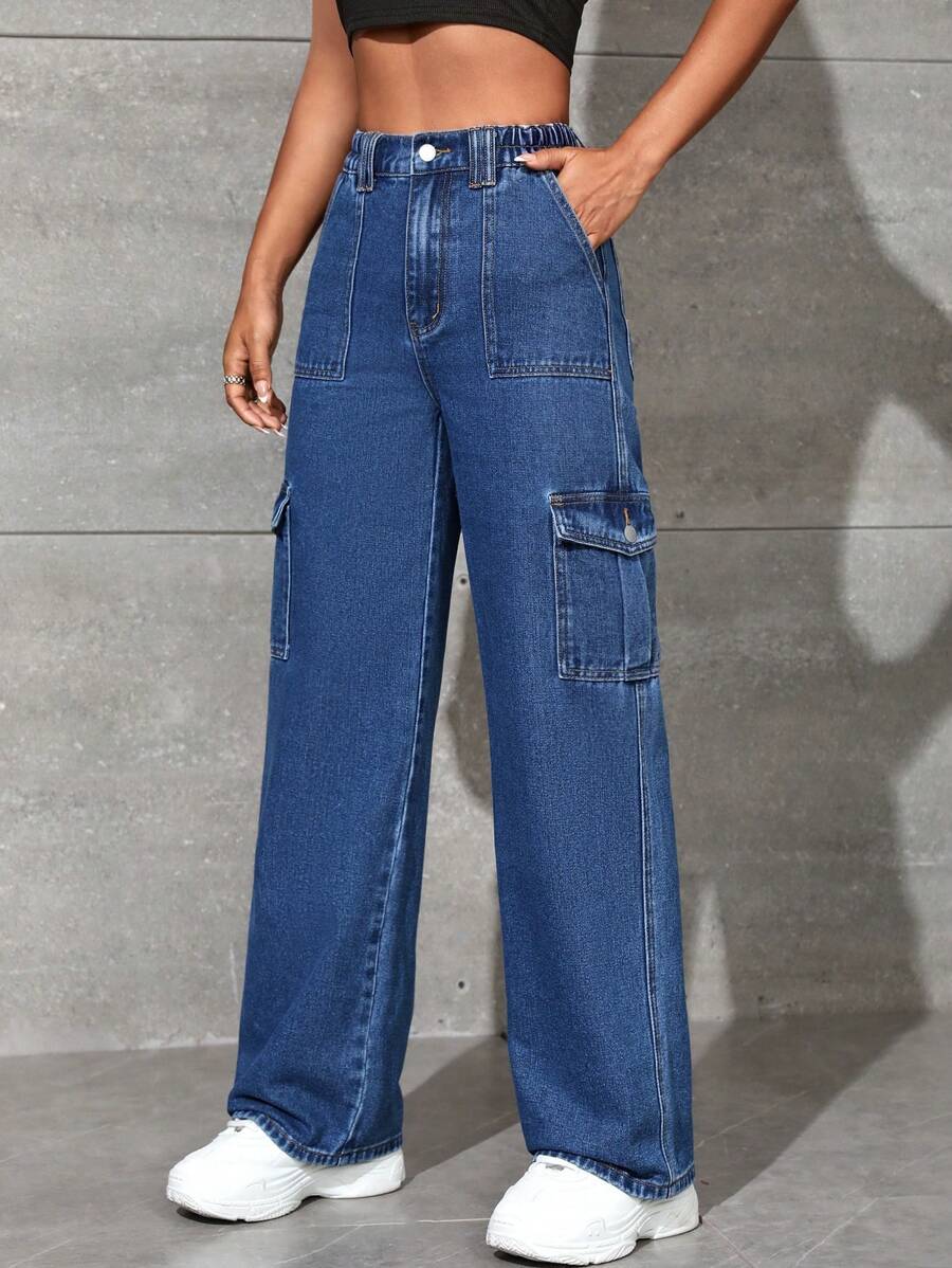 SHEIN PETITE 翻蓋口袋工裝牛仔褲 - 深色水洗藍 - 查看 1