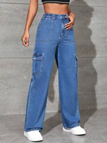 SHEIN PETITE Flap Pocket Side Cargo Jeans - Medium Wash - View 4