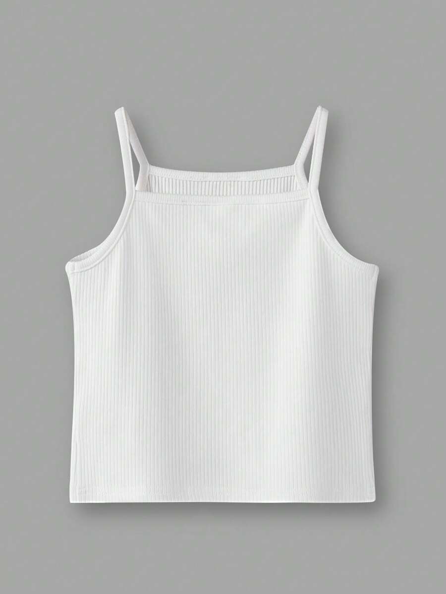 SHEIN Camiseta sin mangas simple y ajustada de unicolor para niña joven con costilla acanalada - Blanco - Ver 1