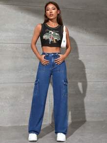 SHEIN PETITE 翻蓋口袋工裝牛仔褲 - 深色水洗藍 - 查看 5