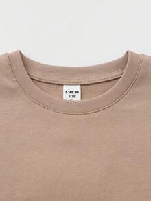 SHEIN Bé trai Áo thun Bông 100% Chất rắn Vòng cổ - Màu Khaki - Xem 4