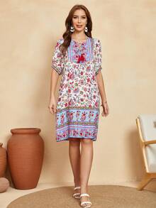 Đầm mép Thắt nơ trước Hoa Tất cả trên in Boho - Nhiều màu - Xem 4