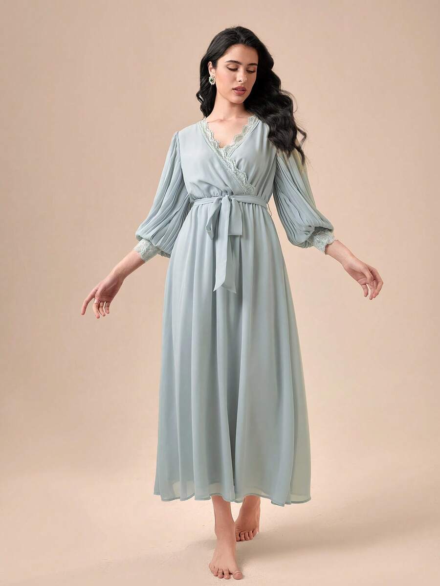 SHEIN Unity 交疊領燈籠袖腰帶睡裙