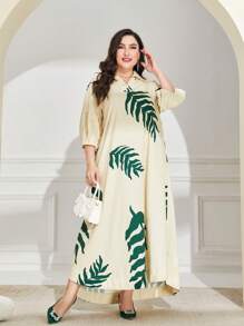 Al Najma Plus Tropical Print Lantern Sleeve Dress