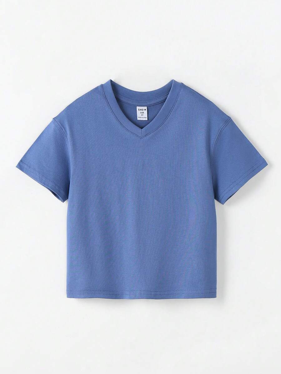 SHEIN Toddler Boys Solid V Neck Tee - Blue - View 1