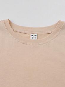 SHEIN Girls 100% Cotton Solid Split Hem Tee Dress - Khaki - View 3