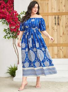 Modelyn 大碼滿版印花一字肩繫腰帶連衣裙 - 藍色 - 查看 4