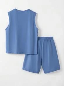 SHEIN Boys 100% Cotton Solid Tank Top & Shorts - Blue - View 2
