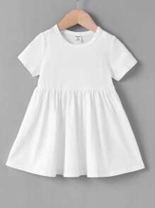 SHEIN Baby  Solid Round Neck Smock Dress - White - View 1