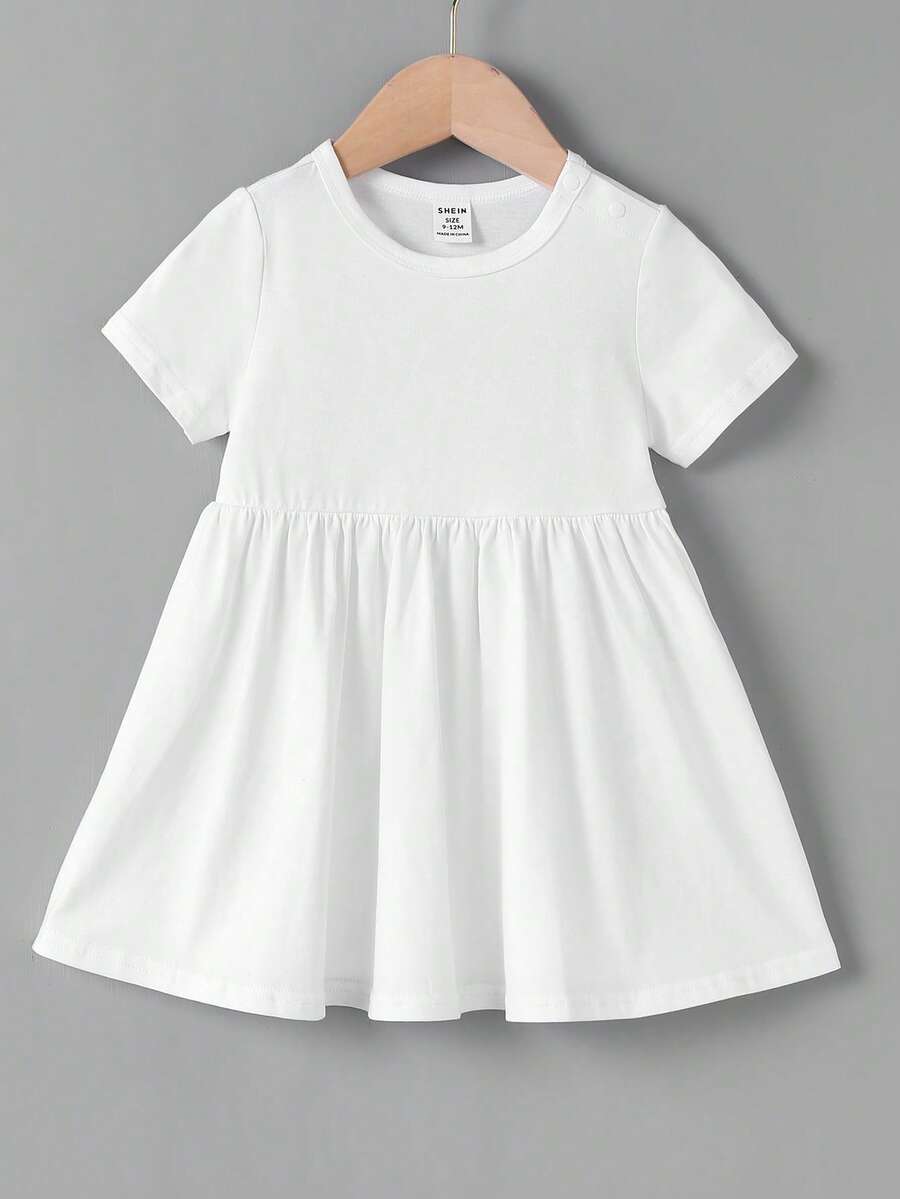 SHEIN Baby  Solid Round Neck Smock Dress - White - View 1