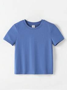 SHEIN Toddler Boys Solid Round Neck Tee - Blue - View 1