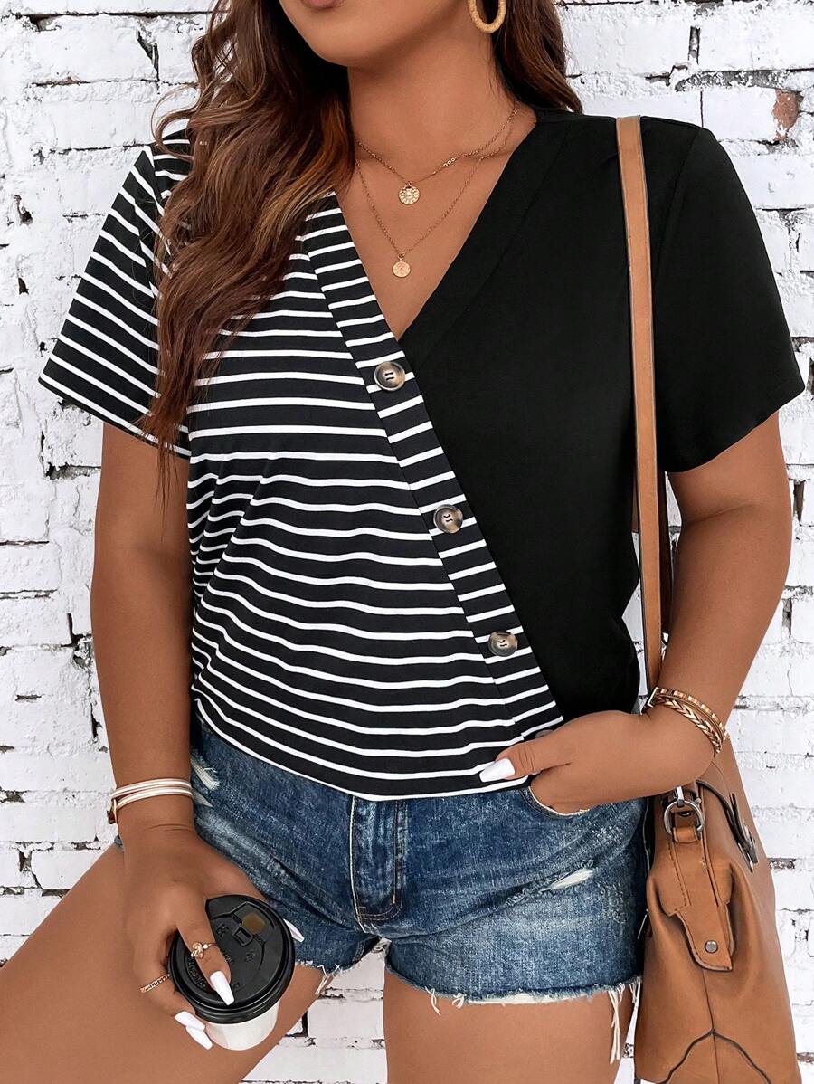 SHEIN LUNE Áo thun Plus size Nút phía trước Sọc Giải trí - màu đen - Xem 1