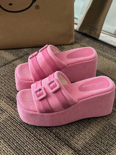 2025 New Women Fashion Simple Comfortable Personalized Casual Black Fabric Thick Bottom Wedge Sandals
