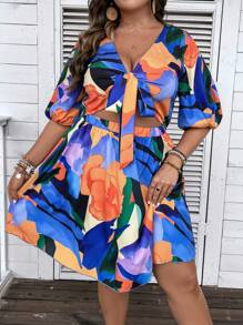 Breezaya 大碼滿版印花前打結連衣裙 - 彩色 - 查看 4