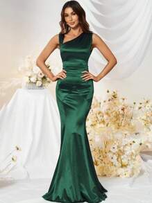 MUXXN Đầm dự tiệc cưới bằng vải satin nhún bèo cổ không đối xứng thanh lịch cho tiệc tối, tốt nghiệp, tiệc tối - Màu xanh lá cây đậm - Xem 1