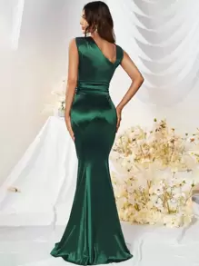 MUXXN Đầm dự tiệc cưới bằng vải satin nhún bèo cổ không đối xứng thanh lịch cho tiệc tối, tốt nghiệp, tiệc tối - Màu xanh lá cây đậm - Xem 2