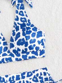 SHEIN Swim 肩上打結比基尼泳裝 - 藍白色 - 查看 4