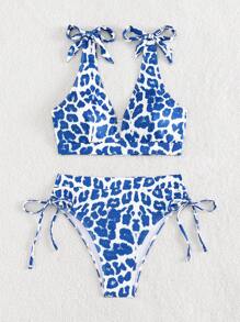 SHEIN Swim 肩上打結比基尼泳裝 - 藍白色 - 查看 6