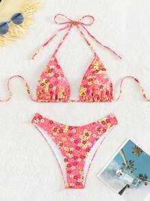 SHEIN Swim 印花掛脖三角杯比基尼泳裝 - 彩色 - 查看 3