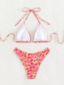 SHEIN Swim 印花掛脖三角杯比基尼泳裝 - 彩色 - 查看 2