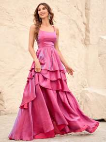 Layer Hem Chiffon Cami Dress - Rose Red - View 1