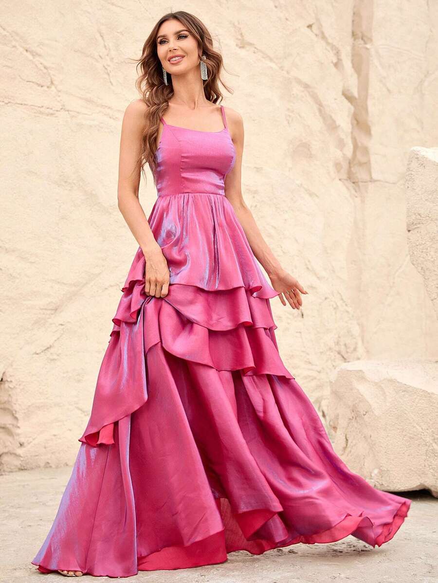 Layer Hem Chiffon Cami Dress - Rose Red - View 1