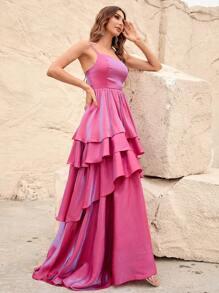 Layer Hem Chiffon Cami Dress - Rose Red - View 6